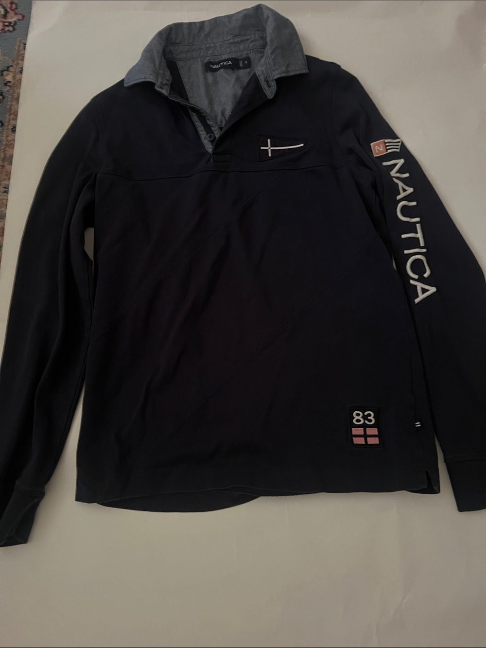 Nautica Men’s Navy Long-Sleeve Polo with Gray Contrast Collar